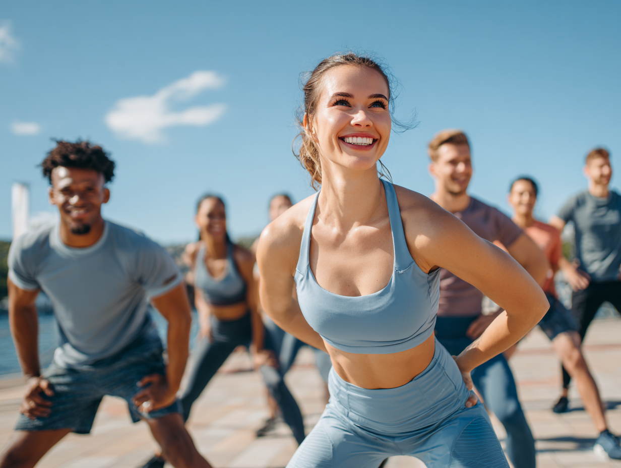 Grup divers de oameni fericiți după antrenament